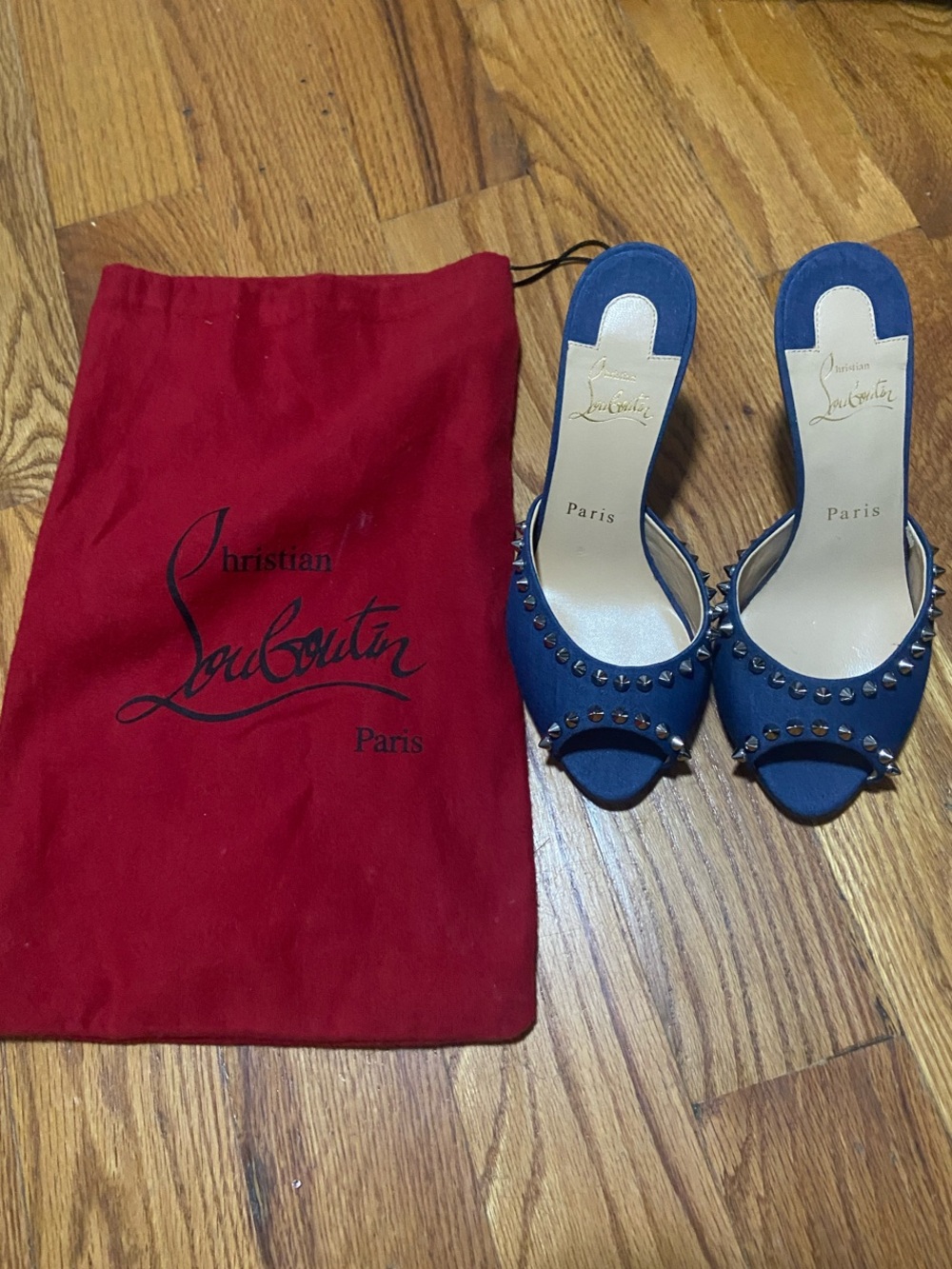 Christian Louboutin Navy Blue Studded Peep-Toe Mules